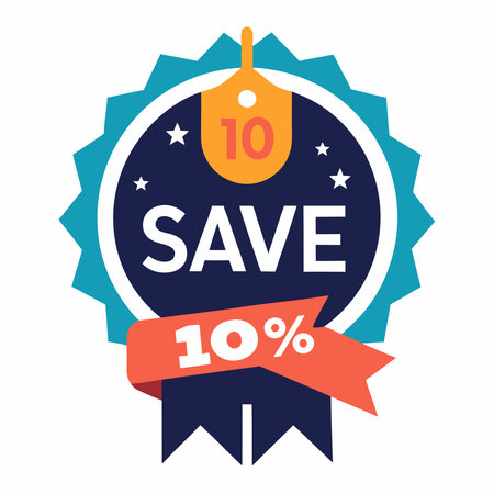 Flat design badge icon showing "SAVE 10%" with stars and a price tag, indicating a...