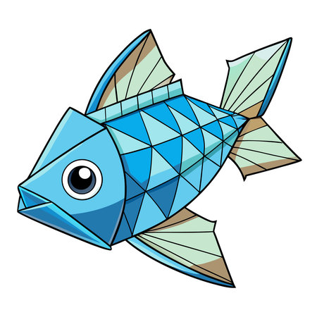 Cartoonish blue fish, designed with sharp angles and triangular patterns, resembling origami or low-poly artのイラスト素材