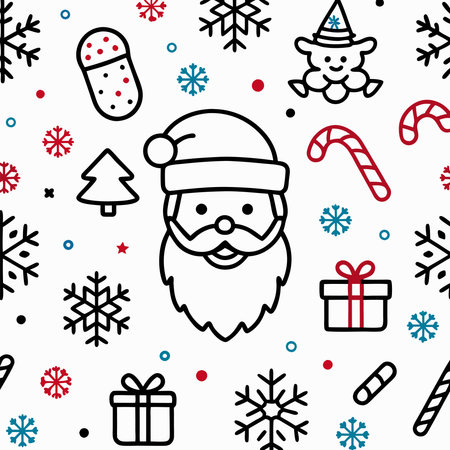 Seamless holiday pattern with festive line art Santa, snowflakes, candy canes, and gifts on whiteのイラスト素材