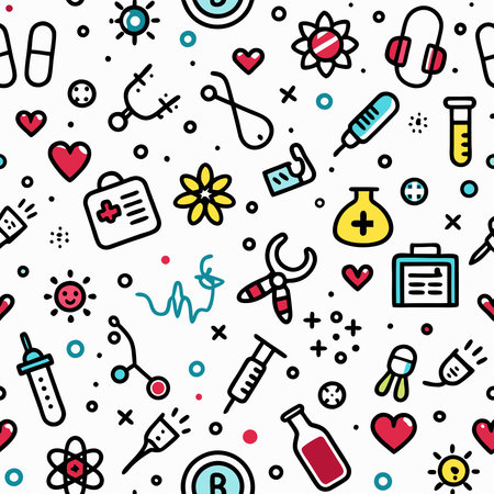 A vibrant seamless pattern of various colorful medical and healthcare outline icons on a white backgroundのイラスト素材