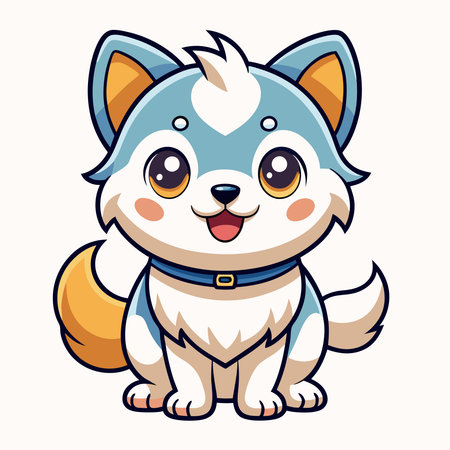 A cute cartoon blue and white puppy with big brown eyes and a blue collar sits smiling on a plain backgroundのイラスト素材