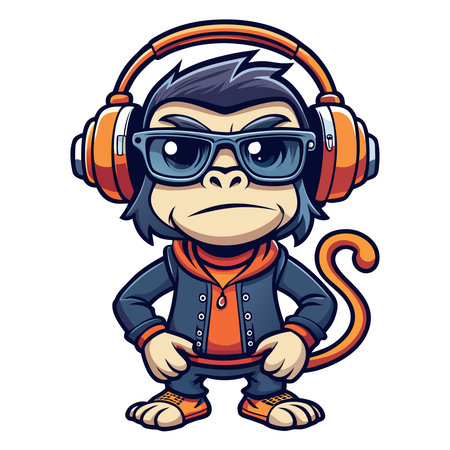 Cartoon monkey wearing orange headphones, blue sunglasses, a blue hoodie, and orange shoes on a white backgroundのイラスト素材