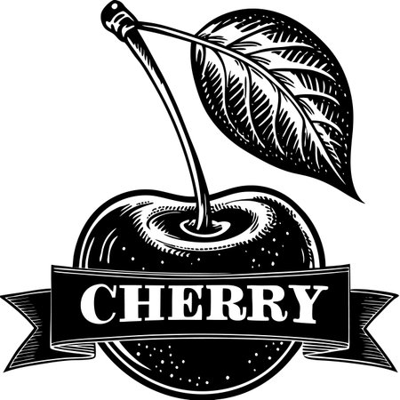 Detailed monochrome illustration of a single cherry fruit with stem and leaf, above a plain ribbon bannerのイラスト素材
