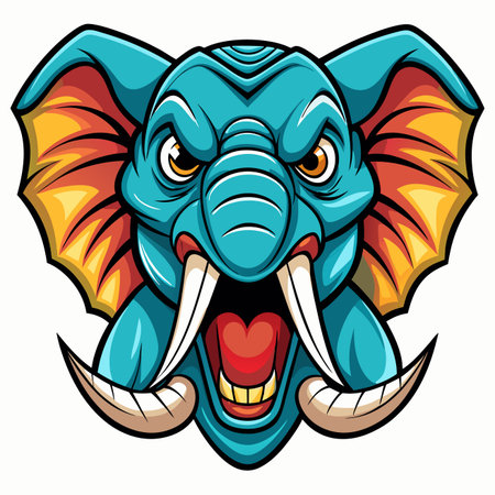 A fierce blue elephant head illustration with large tusks, open mouth, and aggressive eyes. Vibrantのイラスト素材