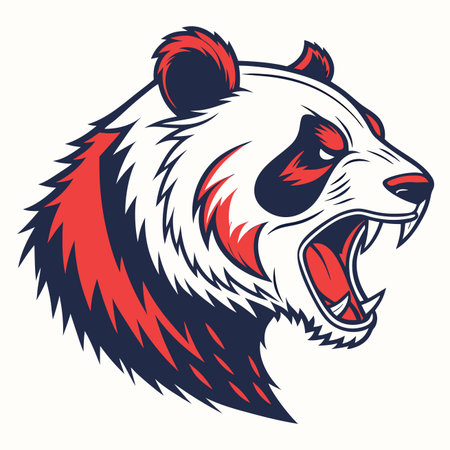 Vector illustration of an aggressive panda head, roaring with fangs, red and dark fur detailsのイラスト素材