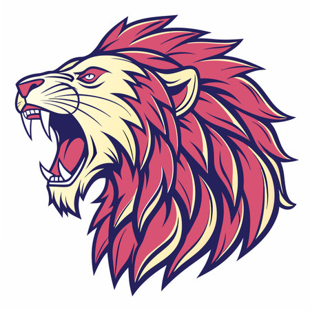A vibrant, stylized graphic illustration of a fierce, roaring lion's head in profile with a red and yellow maneのイラスト素材