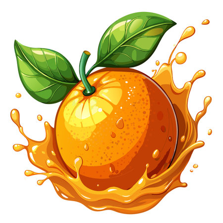 Vibrant cartoon orange with green leaves submerged in a dynamic splash of golden juice, white backgroundのイラスト素材