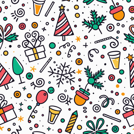 A festive, seamless pattern filled with colorful doodles of trees, gifts, balloons, drinks, and...