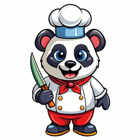 Cartoon panda chef character with toque and uniform, holding a knife, isolated on whiteのイラスト素材