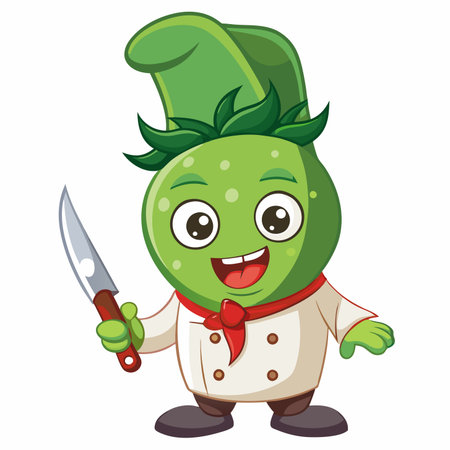 Cartoon veggie chef with hat, red neckerchief, white coat, holding knife, cheerfully smilingのイラスト素材