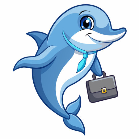 Dolphin holding briefcase and wearing a tie, cartoon character, blue and whiteのイラスト素材