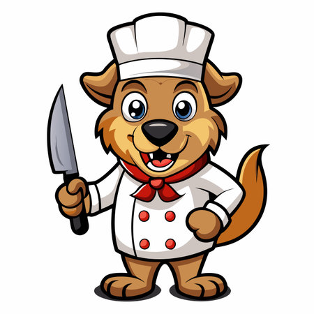 Chef dog cartoon with hat, uniform and knife, smiling. Food concept. Cute animalのイラスト素材
