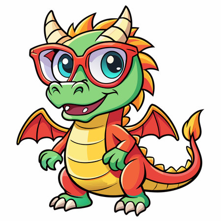Cute cartoon dragon with glasses, smiling, colorful characterのイラスト素材