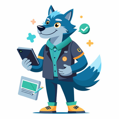 Friendly blue wolf in business attire using a smartphoneのイラスト素材