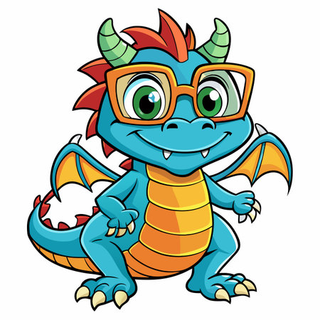 Cartoon dragon with glasses, orange belly, wings and cheerful expressionのイラスト素材