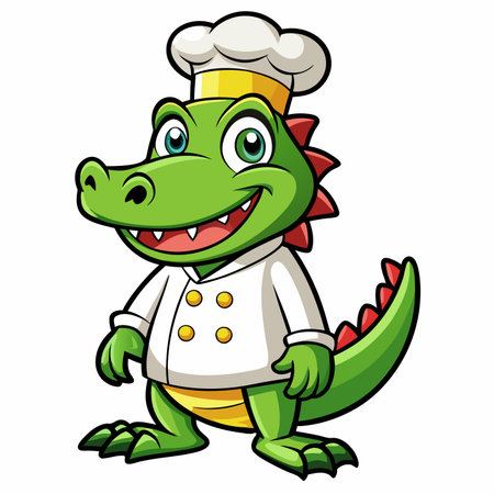 Cartoon green alligator chef wearing hat and white coat, smiling with red spikes on backのイラスト素材