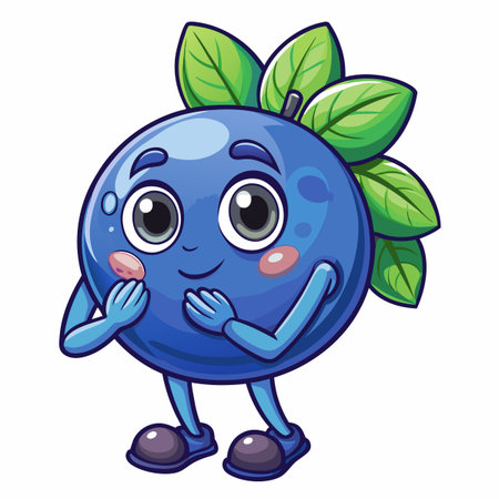 Cute blueberry character with leaves and happy expressionのイラスト素材