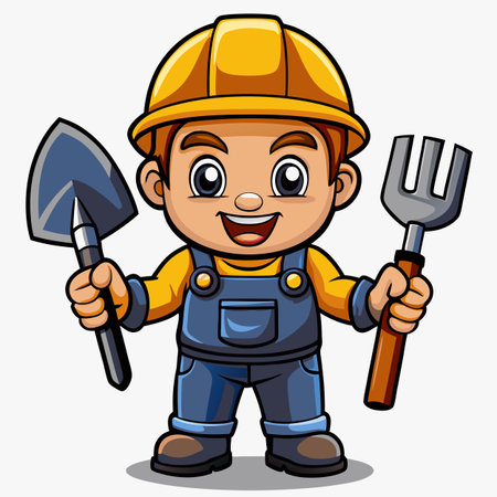 Cute cartoon worker holding toolsのイラスト素材