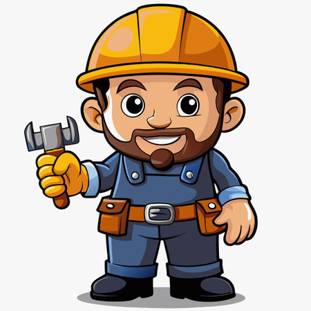 Cartoon construction worker holding wrenchのイラスト素材