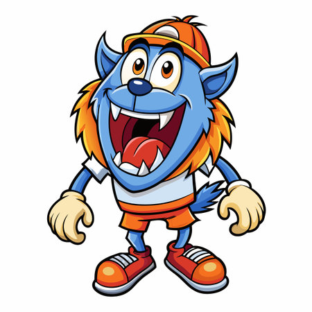 Cartoon, blue, happy, monster, wearing hat, shorts, and shoesのイラスト素材