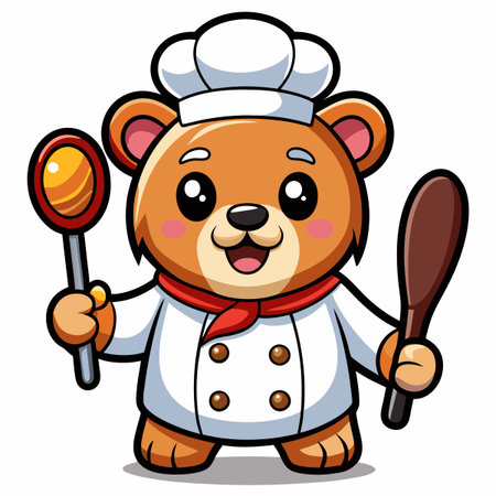 Cute cartoon bear chef holding a spatula and ladle.  A happy, adorable chef bear characterのイラスト素材