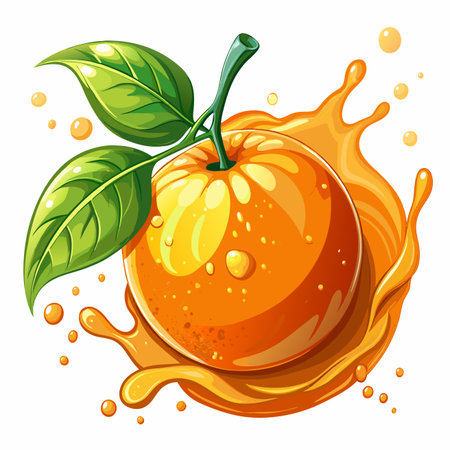 Orange with green leaves surrounded by a splash of juice. Cartoon style vibrant colorsのイラスト素材
