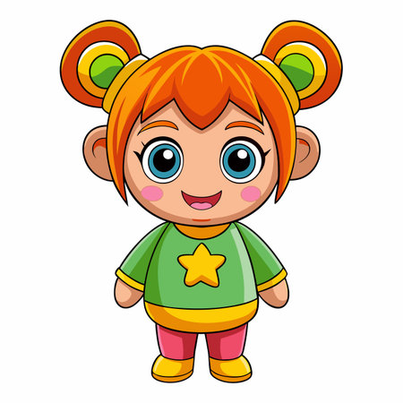 Cartoon girl with orange hair, star shirt, pink pants, happy expressionのイラスト素材