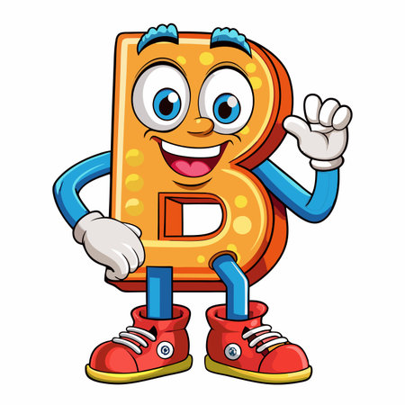 Vibrant cartoon letter B character stands smiling, waving. It has big eyes, blue limbs, and red sneakersのイラスト素材