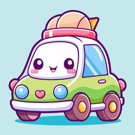 Adorable cartoon car, mint green and white, smiling with big eyes, packed with luggage on its roof rackのイラスト素材