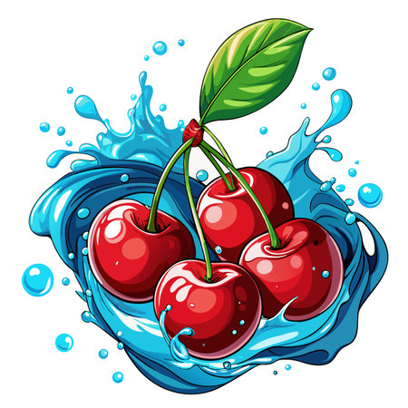 Cherries splash Four ripe cherries surrounded by blue water and a vibrant green leafのイラスト素材