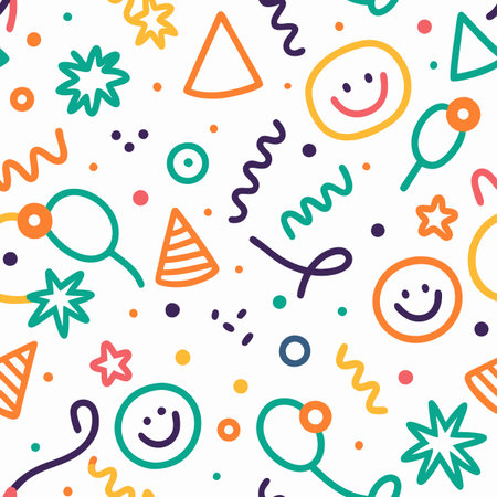 Bright, cheerful seamless doodle pattern with hand-drawn party motifs hats, balloons, smiles,...