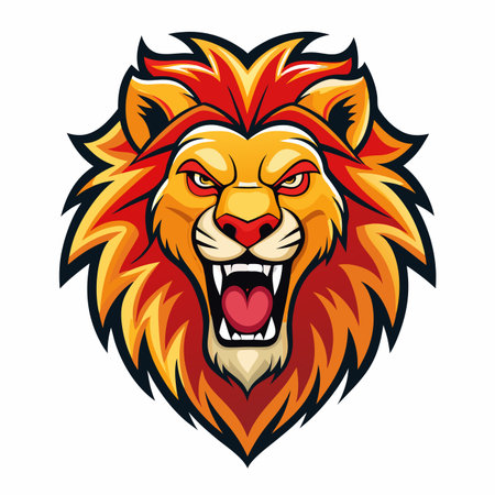 Fierce, stylized lion head with fiery orange and red mane, roaring mouth open, sharp fangs showingのイラスト素材