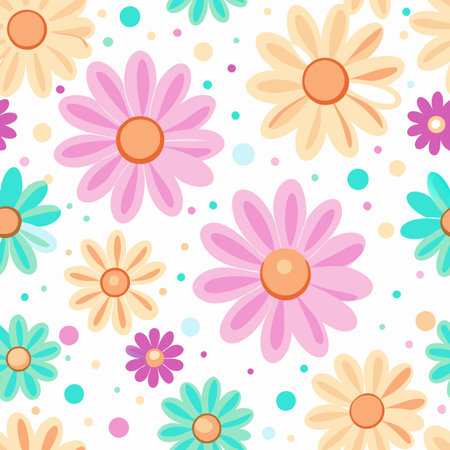 Seamless pattern of cartoonish, pastel-colored daisies and scattered dots on a clean white backgroundのイラスト素材