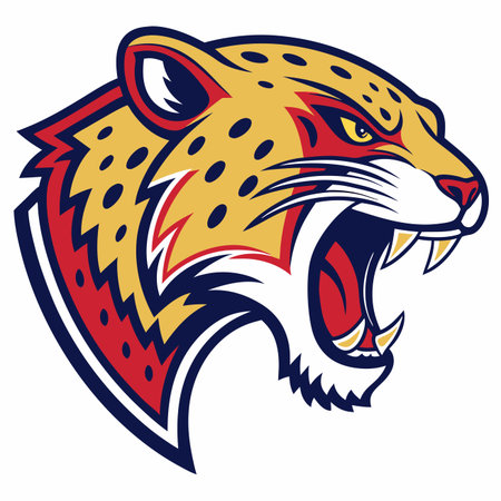 Vibrant illustration of a roaring spotted big cat's head. Golden fur, red and blue accents, sharp teethのイラスト素材