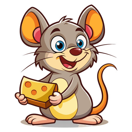 A happy cartoon grey mouse with big ears and blue eyes smiles, holding a wedge of Swiss cheeseのイラスト素材