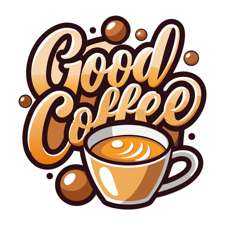 Warm-toned illustration of 'Good Coffee' text, stylized cup with drink, and scattered bean elements on whiteのイラスト素材