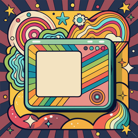 Lively 70s-style digital frame with a blank display, vibrant rainbow swirls, stars, and sunburst raysのイラスト素材