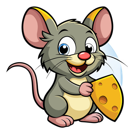 A cheerful gray cartoon mouse with big blue eyes holds a yellow Swiss cheese wedge, smiling brightlyのイラスト素材