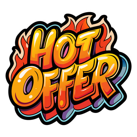 Vibrant 'Hot Offer' text with fiery orange and yellow flames, stylized graffiti letteringのイラスト素材