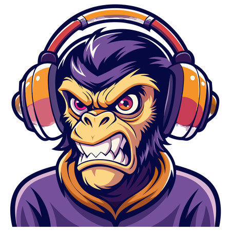 Aggressive cartoon ape wearing headphones, snarling with bared teeth in vibrant purples and orangesのイラスト素材