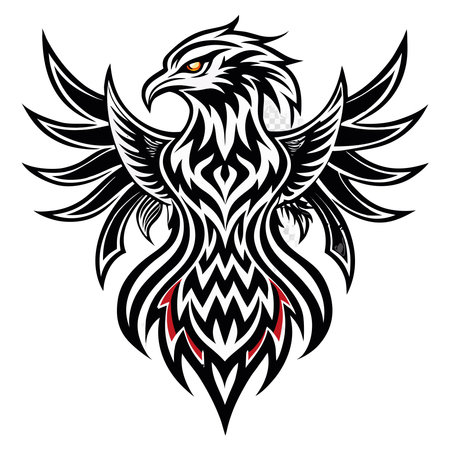 Stylized black &amp; white phoenix-like bird, tribal patterns, spread wings, fierce orange eye, red accentsのイラスト素材