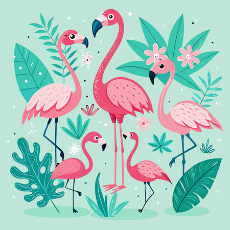 Playful illustration a family of pink flamingos amidst vibrant green tropical foliage and blossomsのイラスト素材
