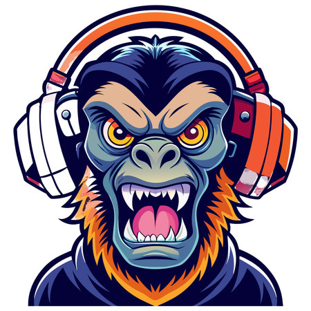 A fierce cartoon gorilla with bared fangs and intense eyes wears large orange and white headphonesのイラスト素材