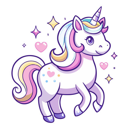 Cute cartoon white unicorn with rainbow mane, tail, and horn, surrounded by hearts and sparklesのイラスト素材