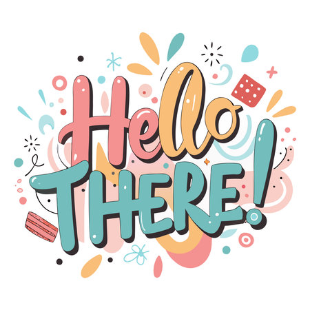 Playful, colorful handwritten "Hello There!" text surrounded by cheerful graphic elements on a white backgroundのイラスト素材