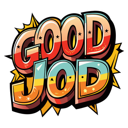 Colorful, retro comic pop art style text "GOOD JOB" with stars and a yellow starburst backgroundのイラスト素材