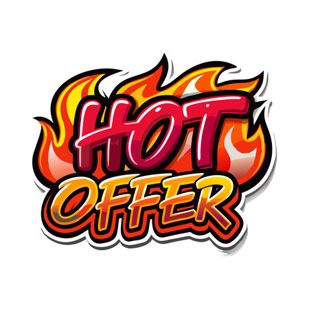 Fiery 'HOT OFFER' text, red/orange gradients, glossy effect, surrounded by stylized flames. Sales graphicのイラスト素材