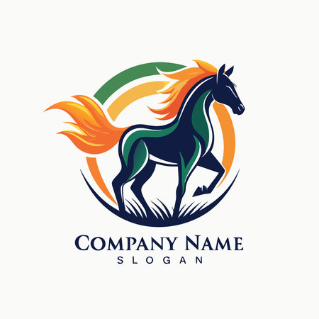 Stylized dark blue horse with vibrant orange mane/tail galloping through a colorful green, orange, yellow arcのイラスト素材