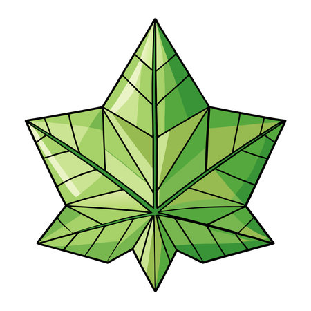 Stylized green five-pointed leaf graphic, geometrically faceted with sharp lines and subtle shadingのイラスト素材