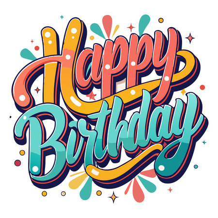 Bright, colorful, bubbly 'Happy Birthday' lettering with confetti and stars, celebrating a special dayのイラスト素材